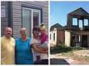 一个来自莫什春的家庭，右图是村子里被毁坏的房子。图片:Leighton-Linslade扶轮社。